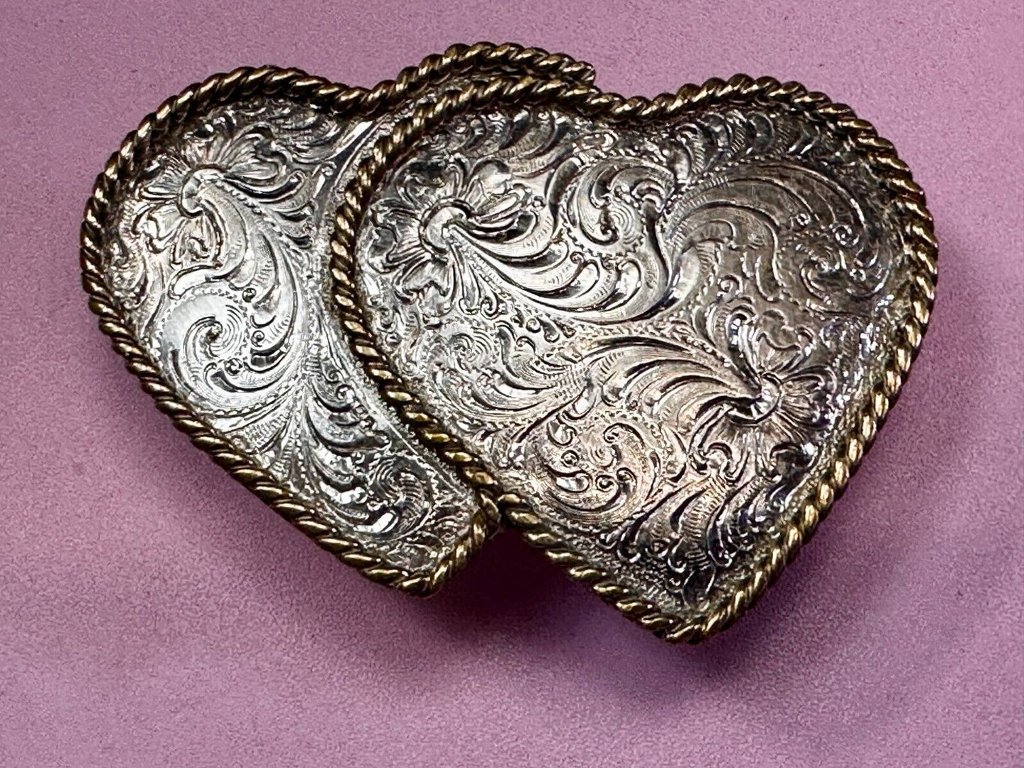 Two Deal Hearts - Vintage Award Design Medals Two Tone Western Belt Buckle