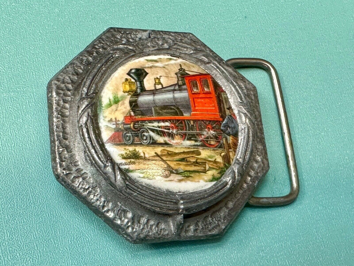 Train Steam Engine Art Picture on ceramic and pewter Vintage Belt Buckle