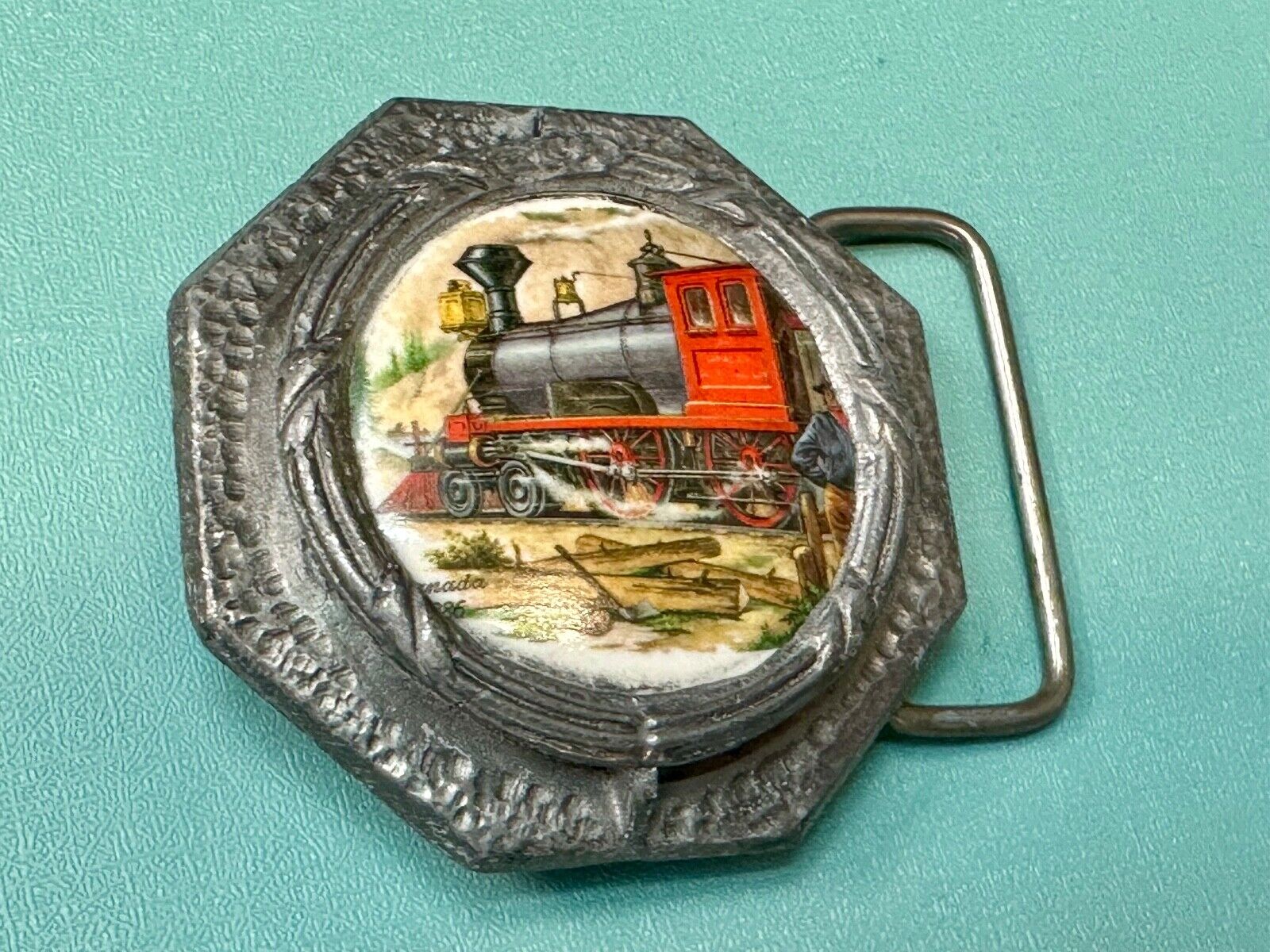 Train Steam Engine Art Picture on ceramic and pewter Vintage Belt Buckle