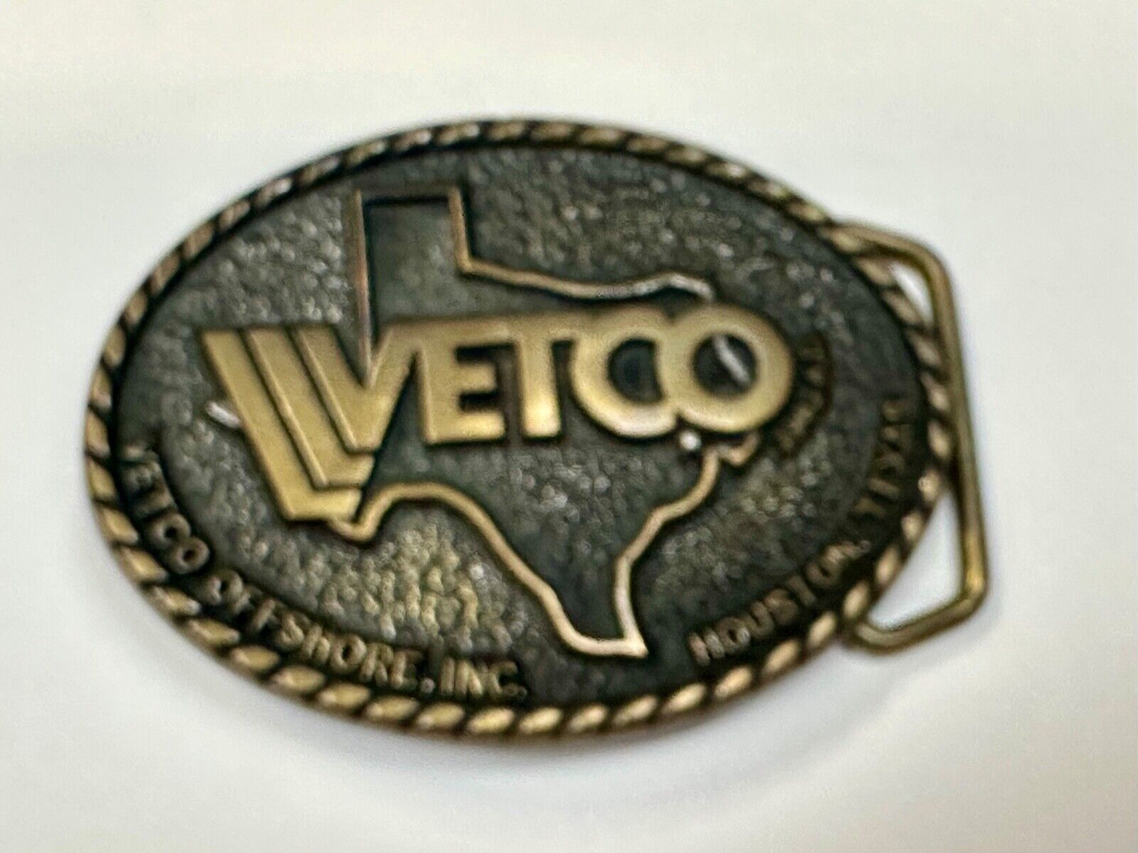 VETCO Houston Texas OffShore Inc animal health Vintage solid brass belt buckle