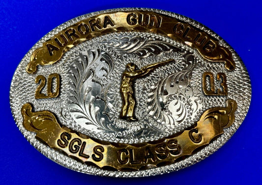 Aurora Gun Club Singles Class C 2003 Defensive Pistol Trophy Award Belt Buckle