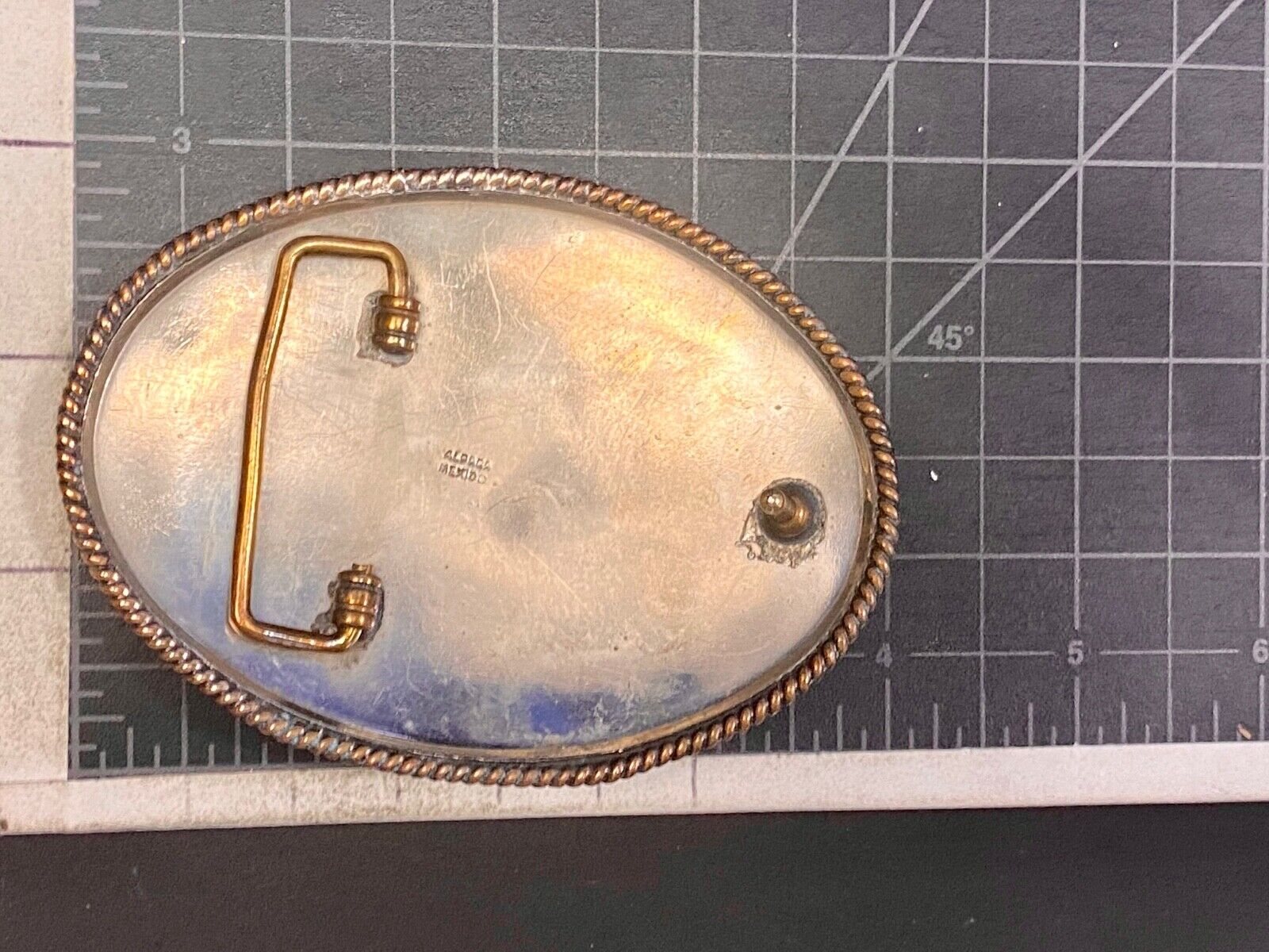 Vintage 4" Three Horse Head's  On Alpaca Mexico Belt Buckle Blank Trophy Scroll 