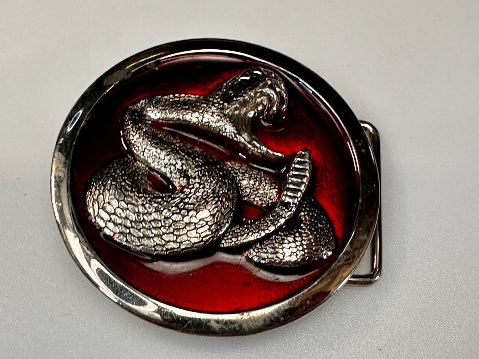 Attacking Snake with Fangs Red Enameled Round Belt Buckle Classico Italia #A246