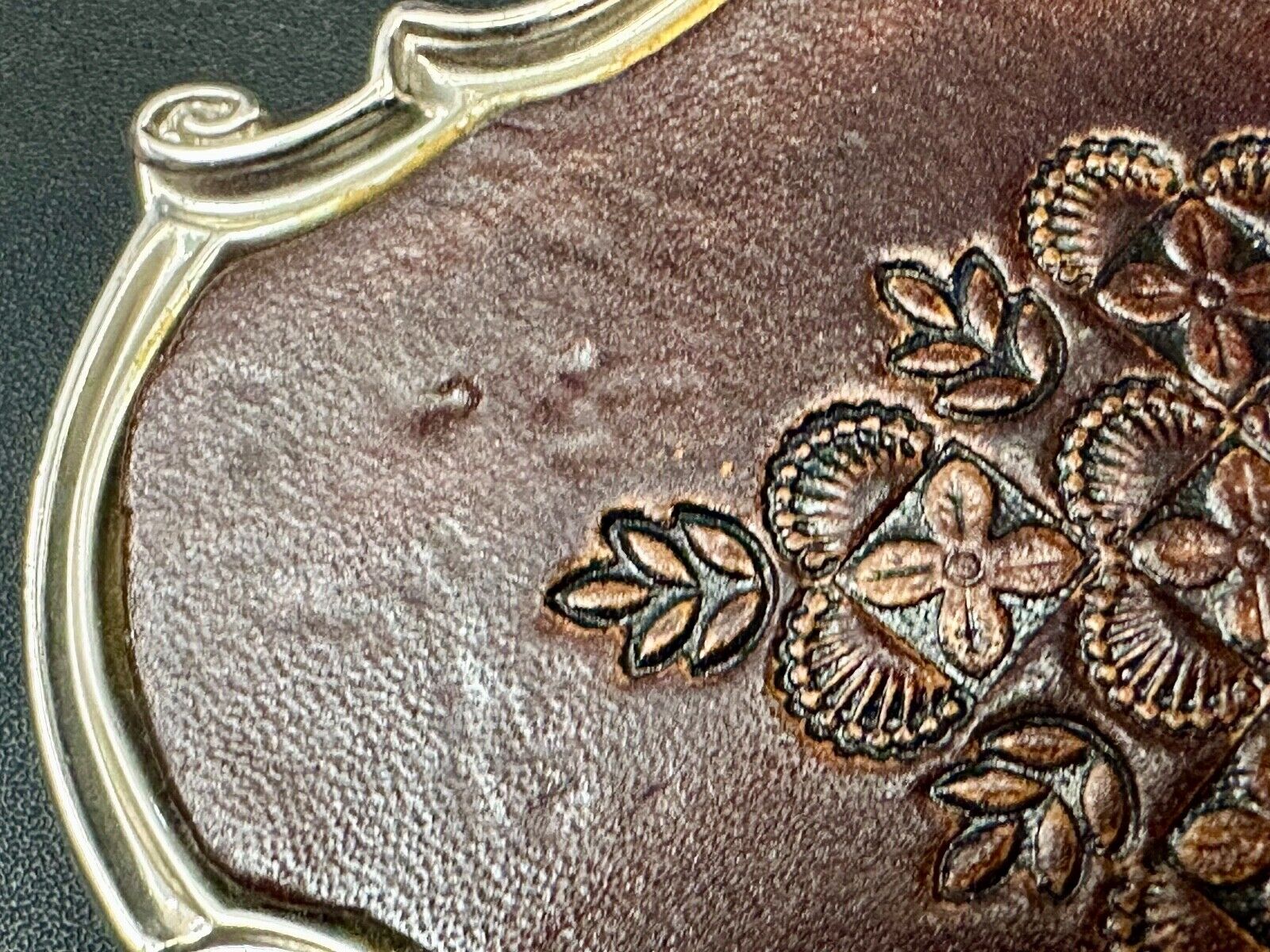 Vintage Brown leather flower pattern belt buckle made in Spain