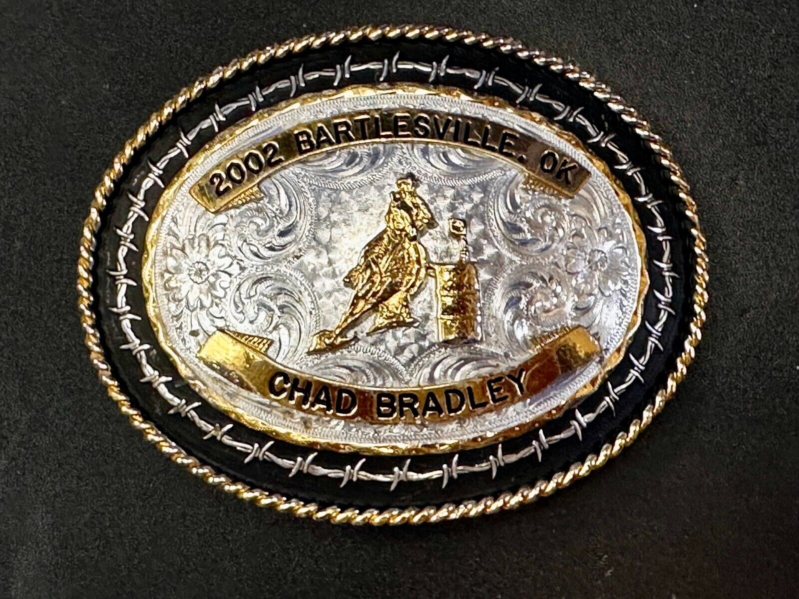 2002 Bartlessville OK Rodeo Trophy Chad Bradley Montana Silversmiths Belt Buckle