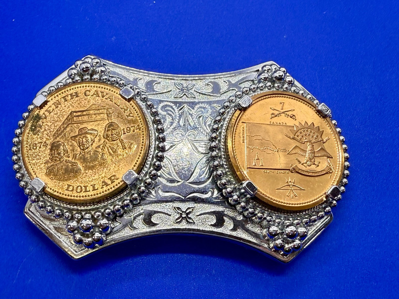Two Seventh Cavalry Tokens Medallions in Dual Coin Collectors Belt Buckle