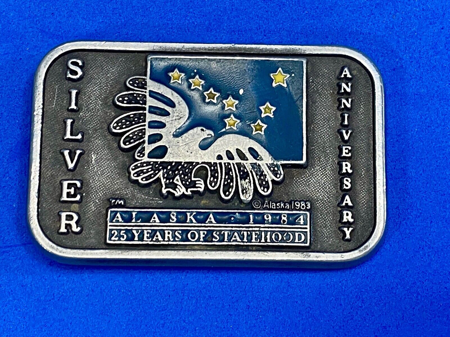 Vintage 1983 Alaska State, Silver Anniversary 25 Years Of Statehood belt buckle 