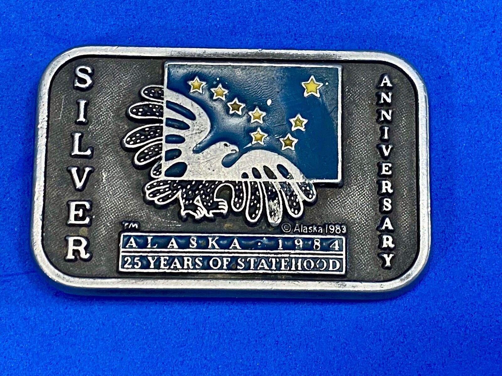 Vintage 1983 Alaska State, Silver Anniversary 25 Years Of Statehood belt buckle 