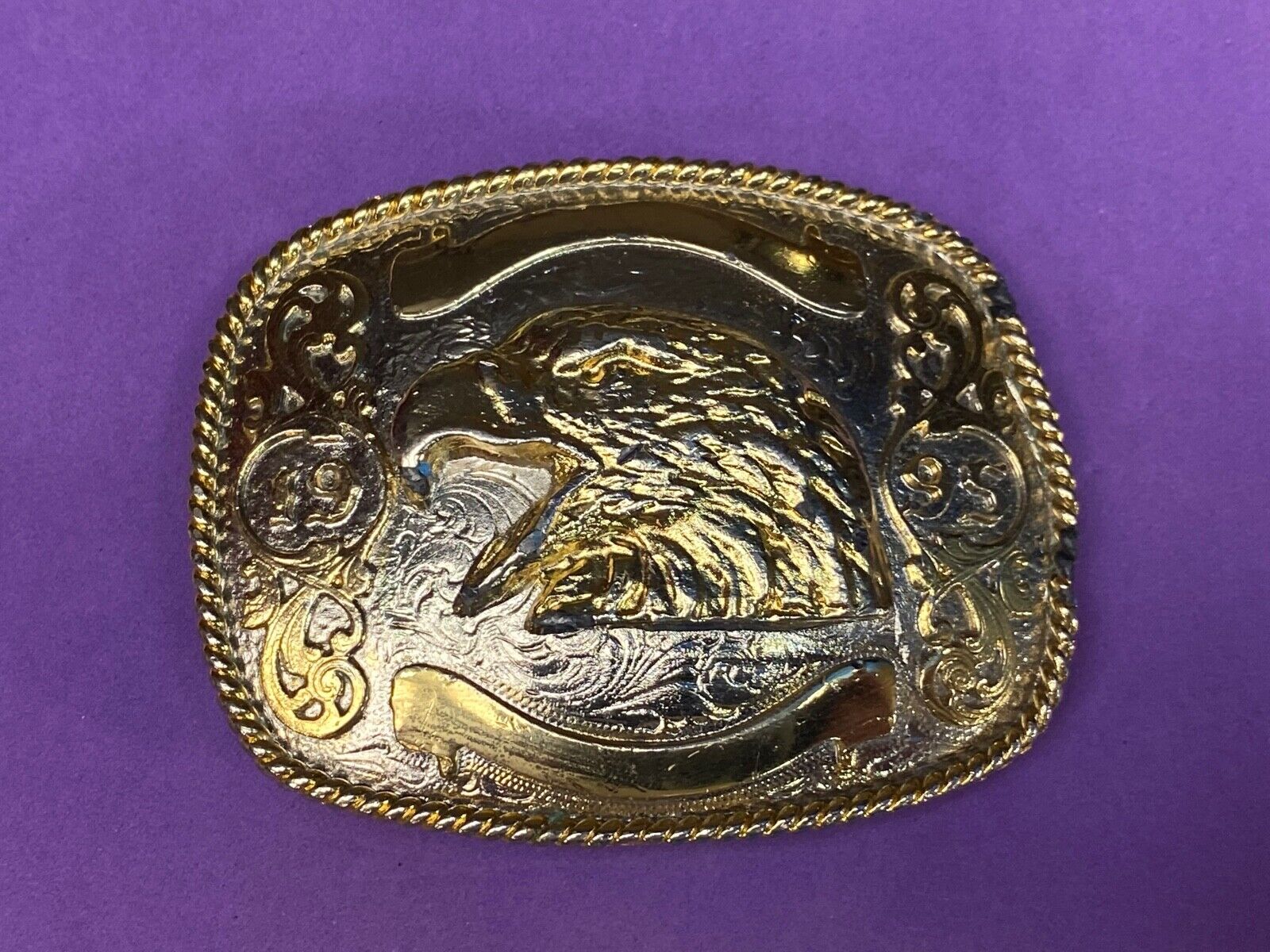 Vintage 1995 Mixed Metal Eagle Head Belt Buckle With Blank Award Ribbon Scroll 