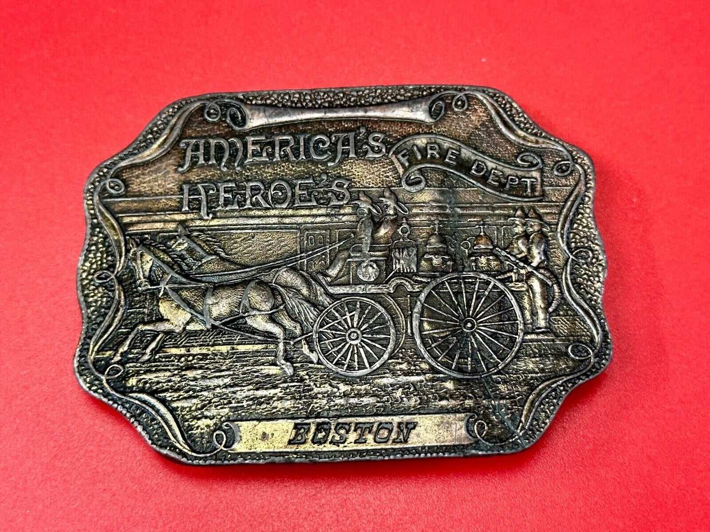 America's Heroes Fire Dept Boston Brass Tone Belt Buckle Horse Wagon