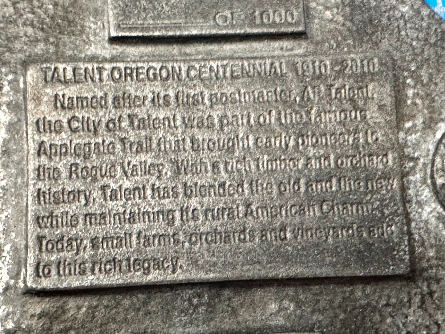 Talent Oregon Centennial Celebration 1910-2010 Commemorative Belt Buckle