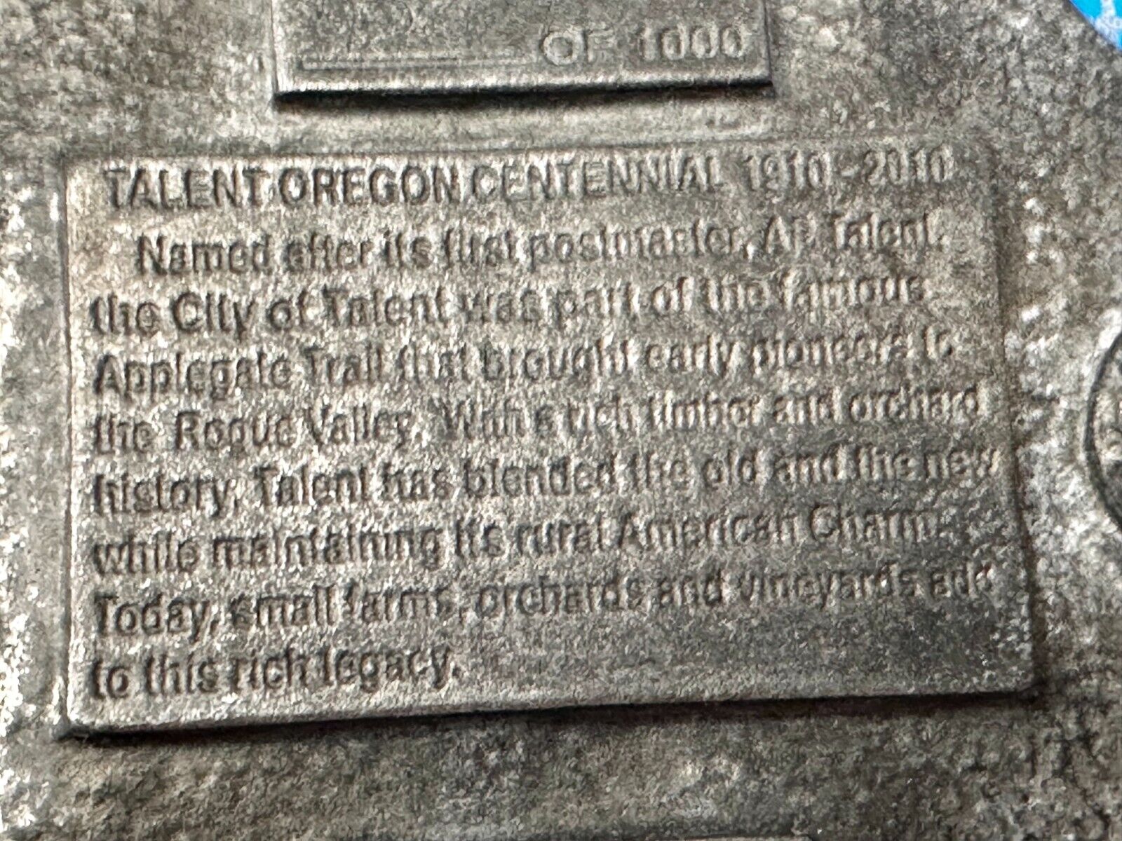 Talent Oregon Centennial Celebration 1910-2010 Commemorative Belt Buckle