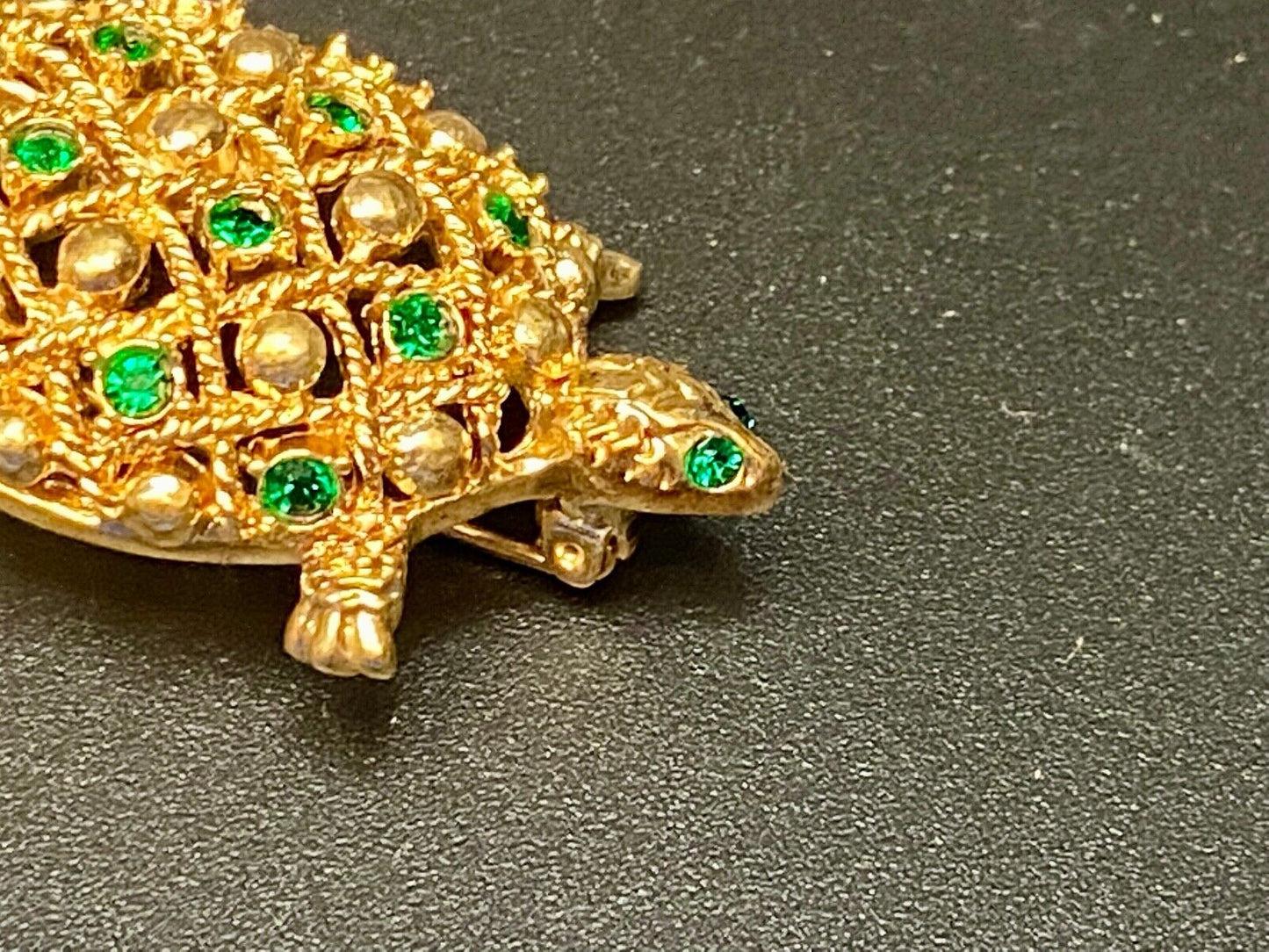 Turtle - Vintage Green Rhinestone Accented Gold Tone Brooch Pin by Allison Reed