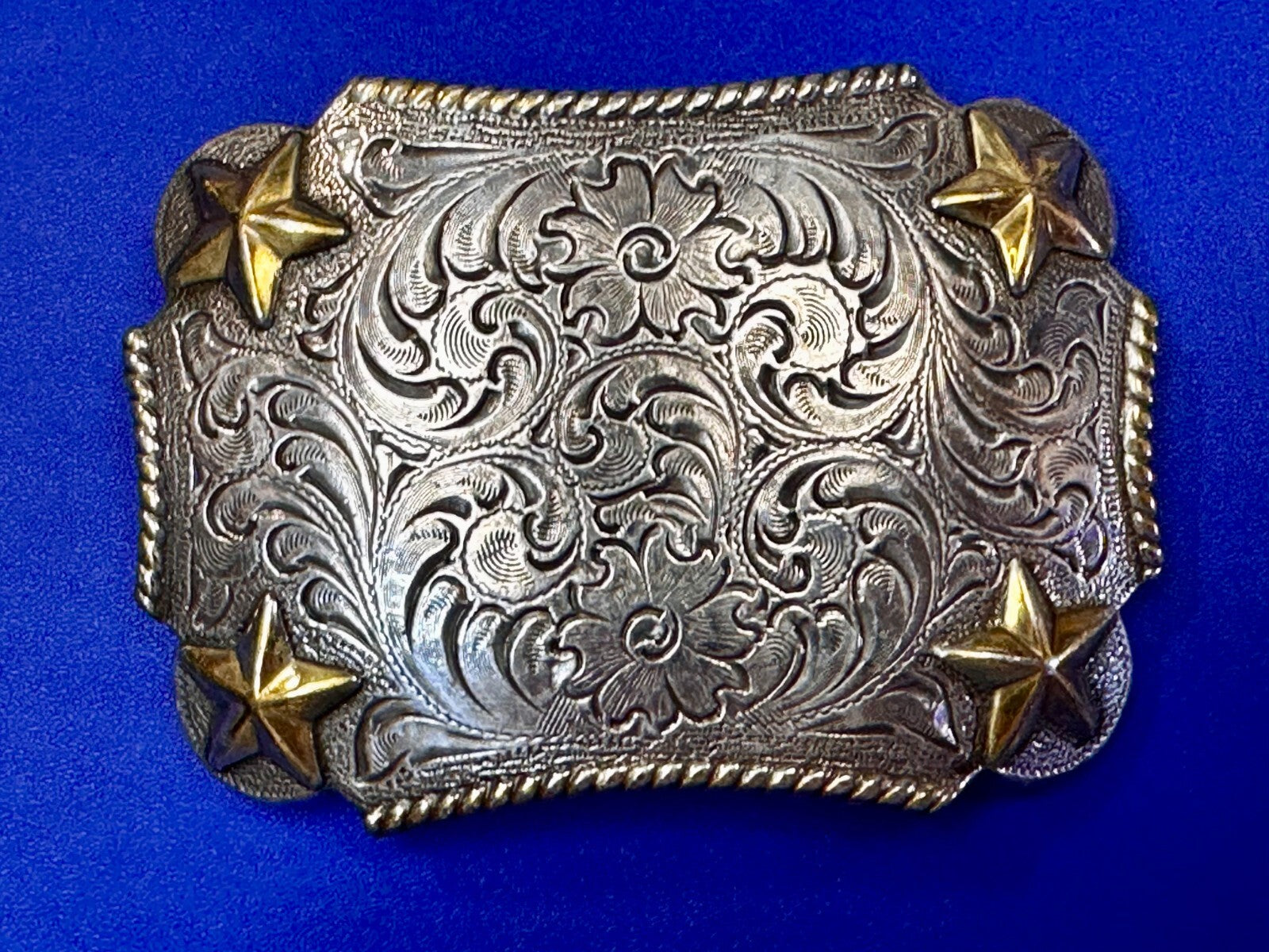 Texas Lone Star Corners Flower Swirl Ornate Western Two Tone Belt Buckle