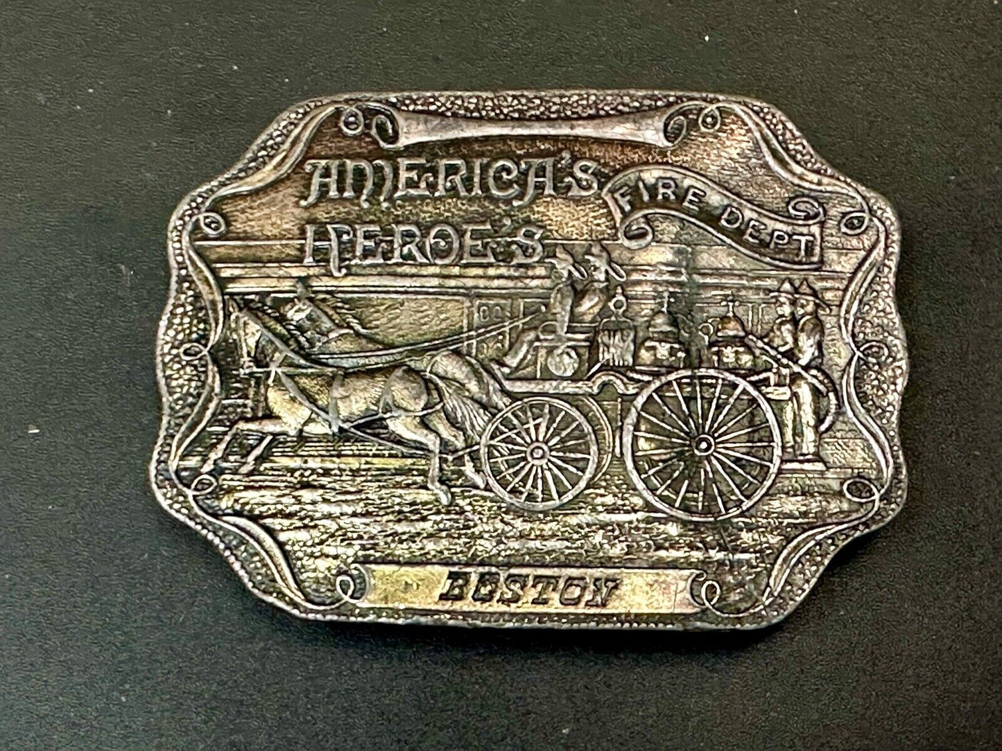 America's Heroes Fire Dept Boston Brass Tone Belt Buckle Horse Wagon