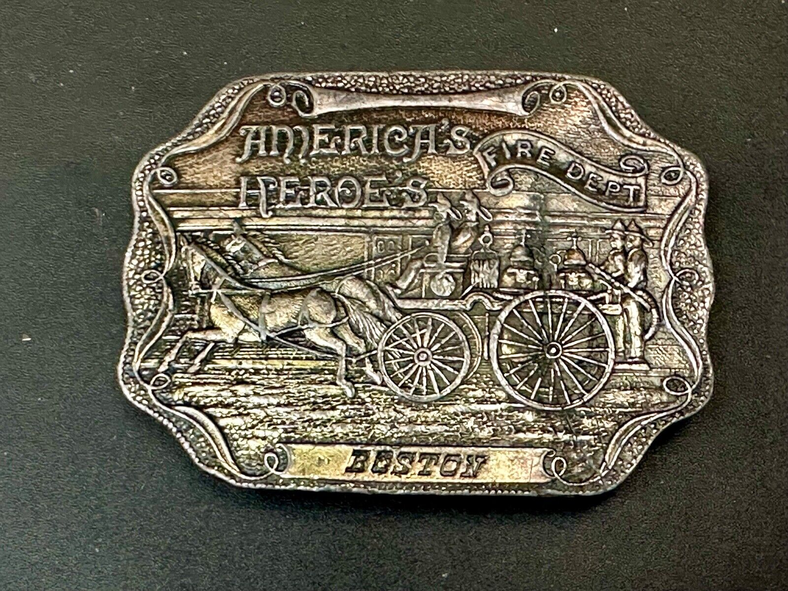 America's Heroes Fire Dept Boston Brass Tone Belt Buckle Horse Wagon