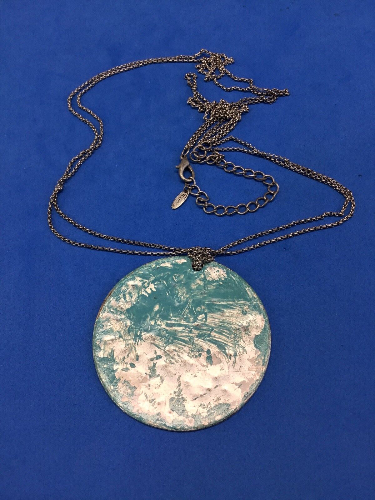 VCLM Abstract Mottled Aqua Round Pendant Silver Tone Double Chain 32" Necklace