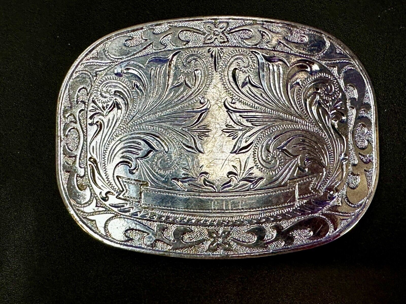 Vintage Award Ribbon Scroll  Western Flower Swirl Design Used Belt Buckle