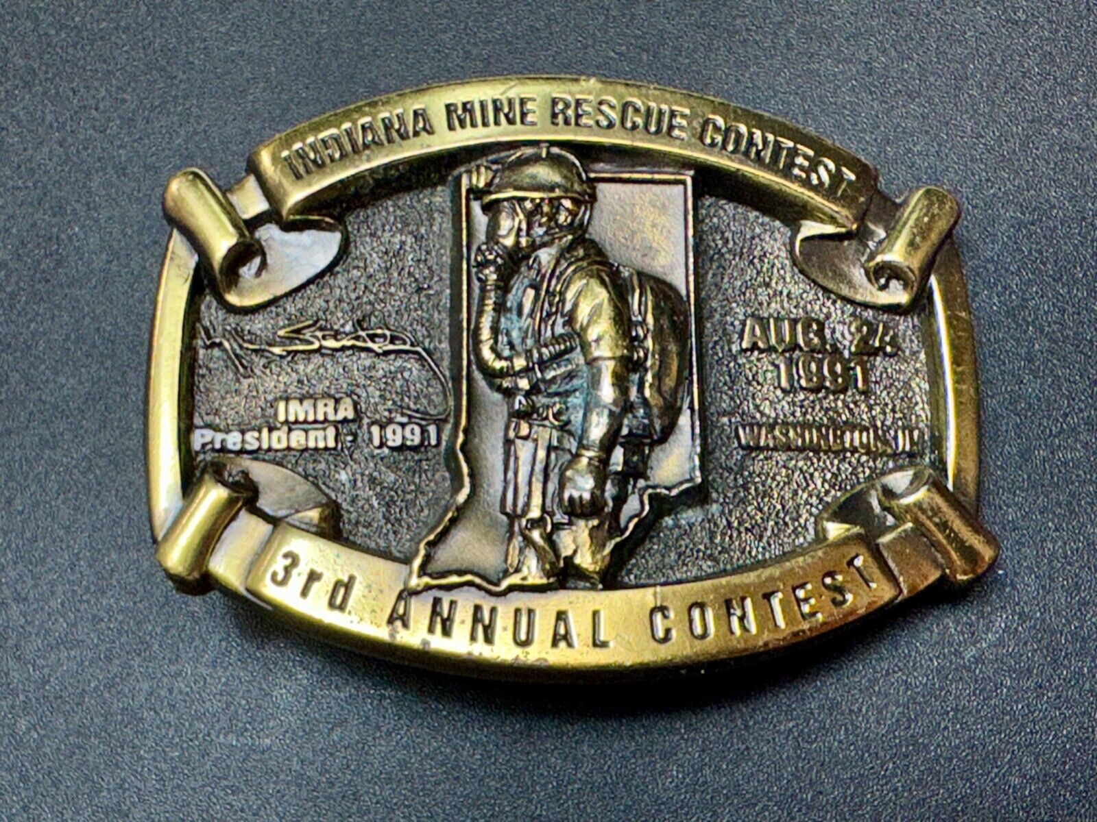 Vintage 1991 IRMA Indiana Mine Rescue Contest 3rd annual belt buckle