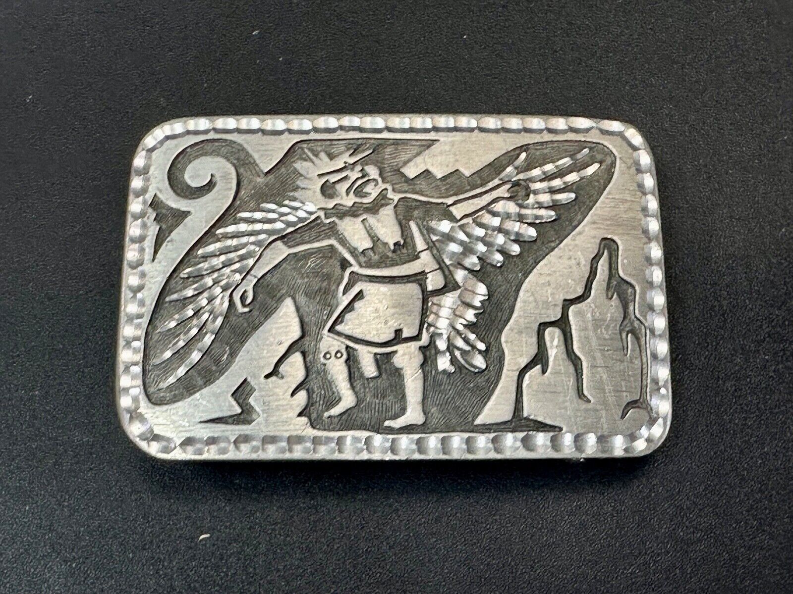 Unique Carving Ancient Mayan God Man Wings etched pewter vintage belt buckle