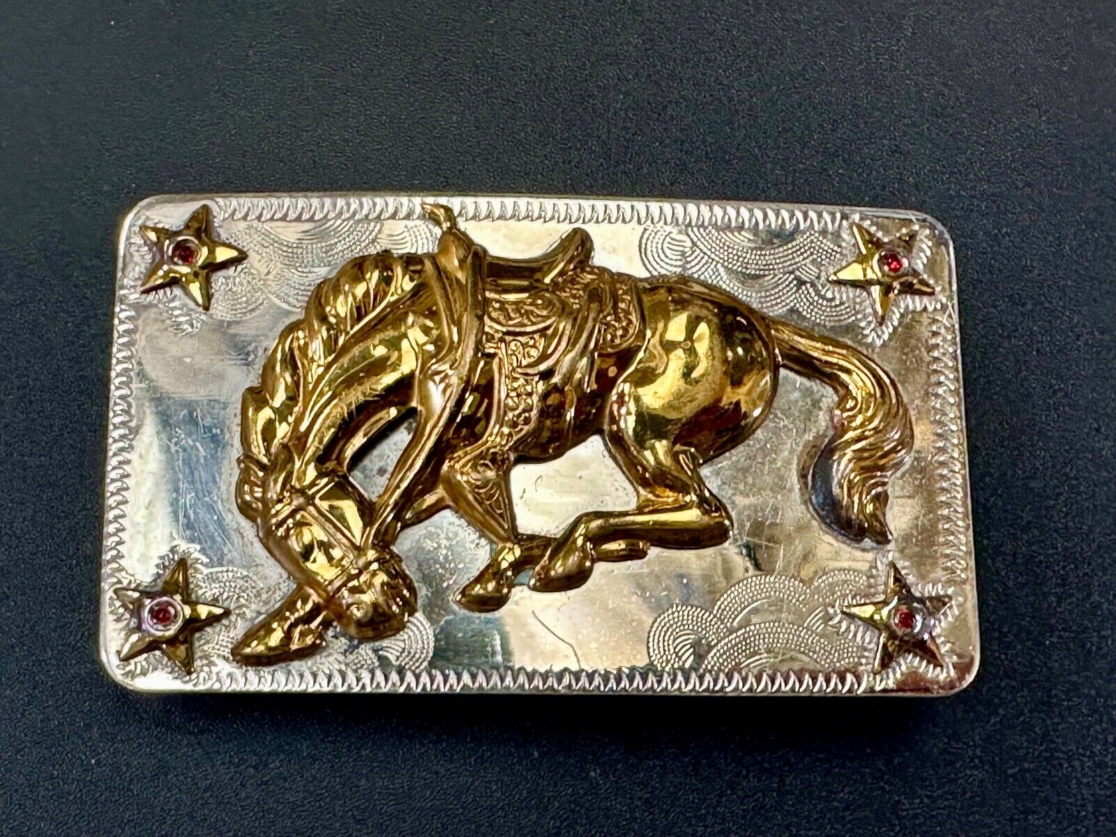 Vintage Horse w/  head down end of the trail Nickel Silver belt buckle w/ Stars