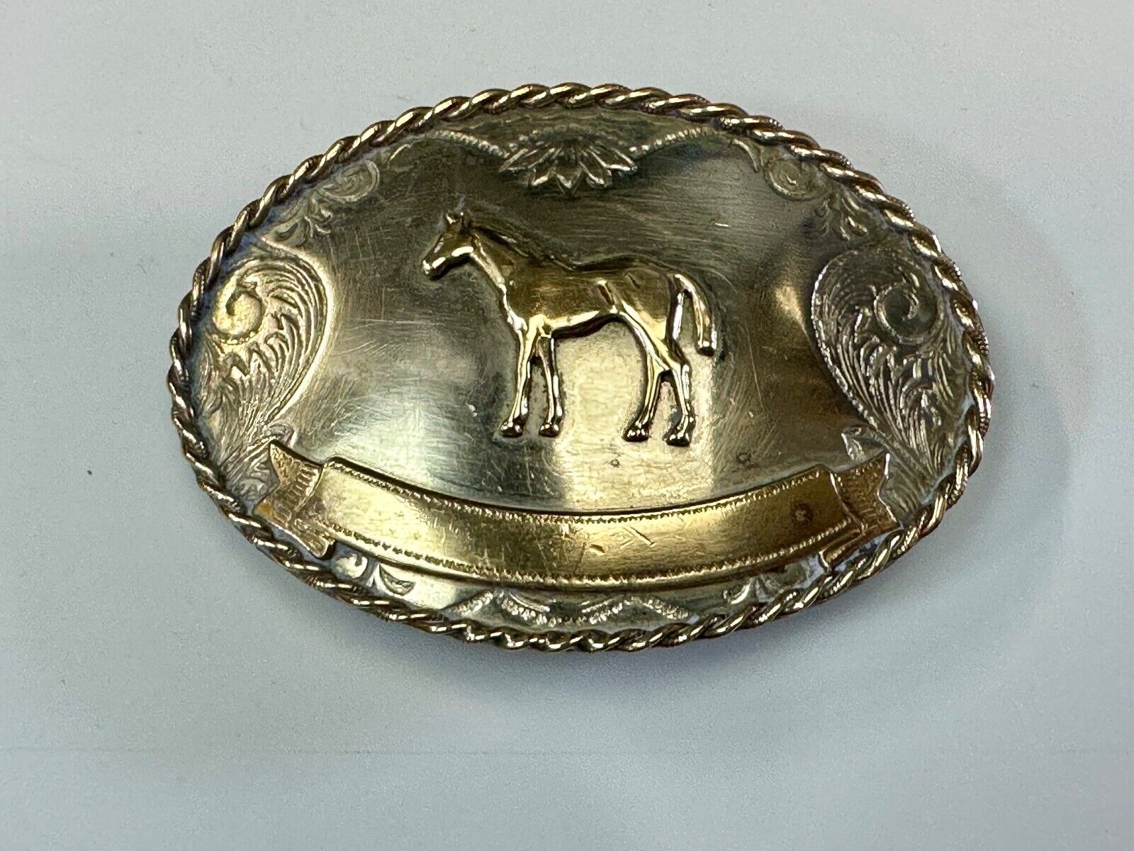 Vintage German Silver Standing Horse Engravable Trophy Award scroll belt buckle