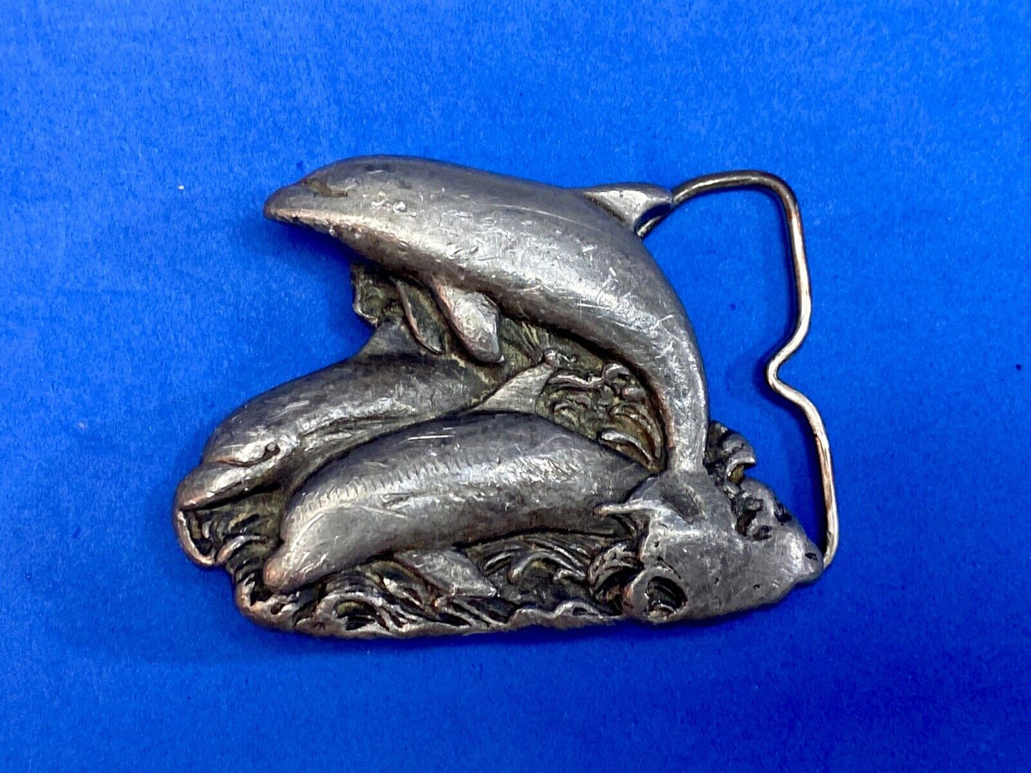 70'S Three Jumping Dolphin's In Ocean Cutout Belt Buckle By Bergamot H-L43