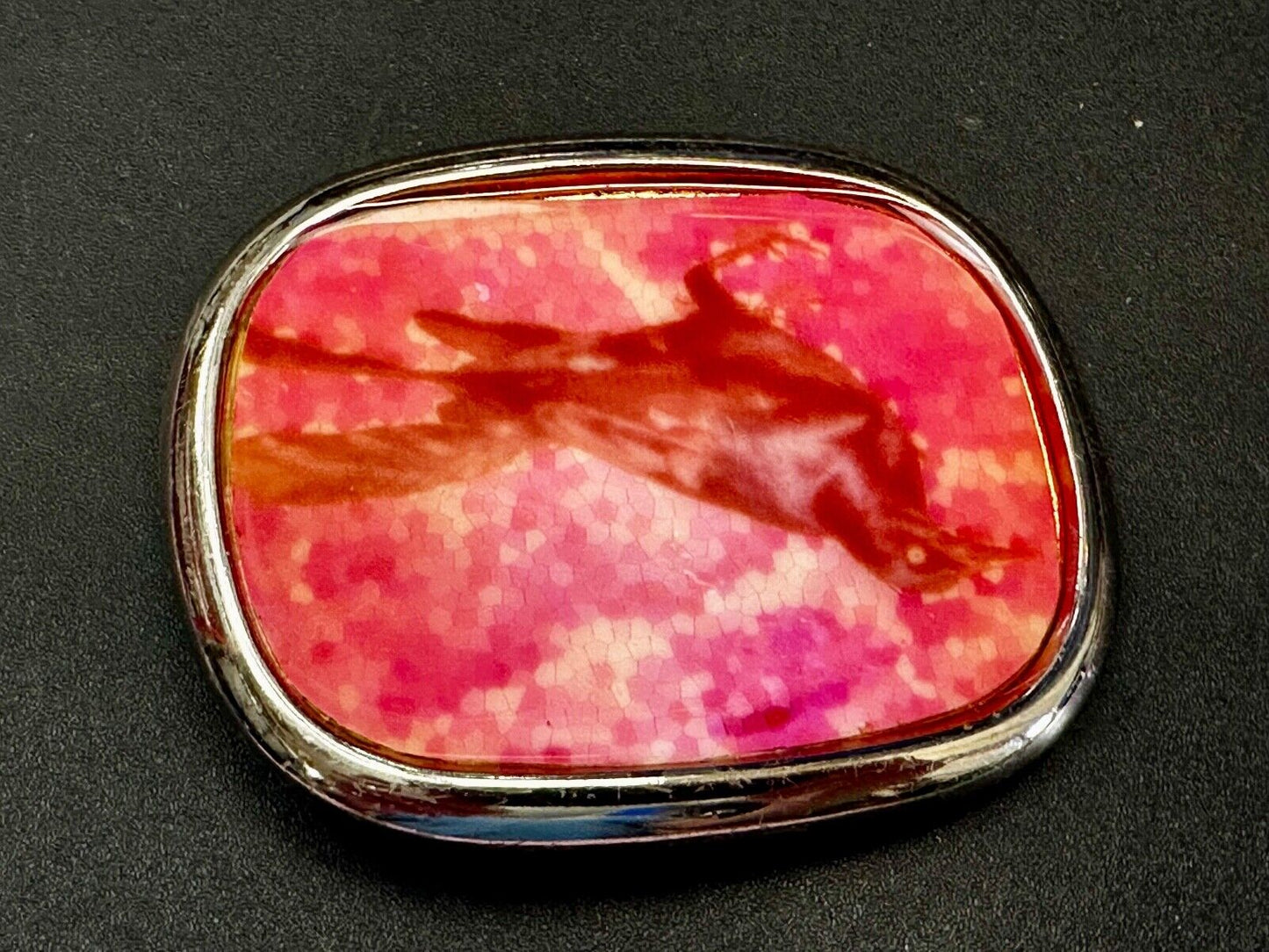 Abstract Dolphin Fish Pink & Red Colored Print on Silver Tone Belt Buckle