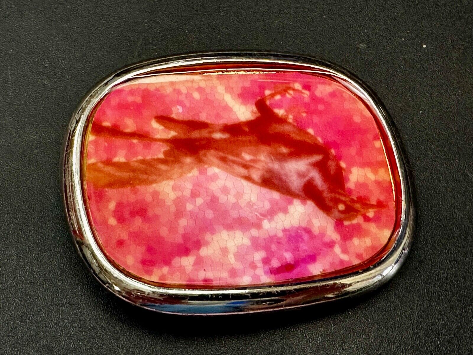 Abstract Dolphin Fish Pink & Red Colored Print on Silver Tone Belt Buckle