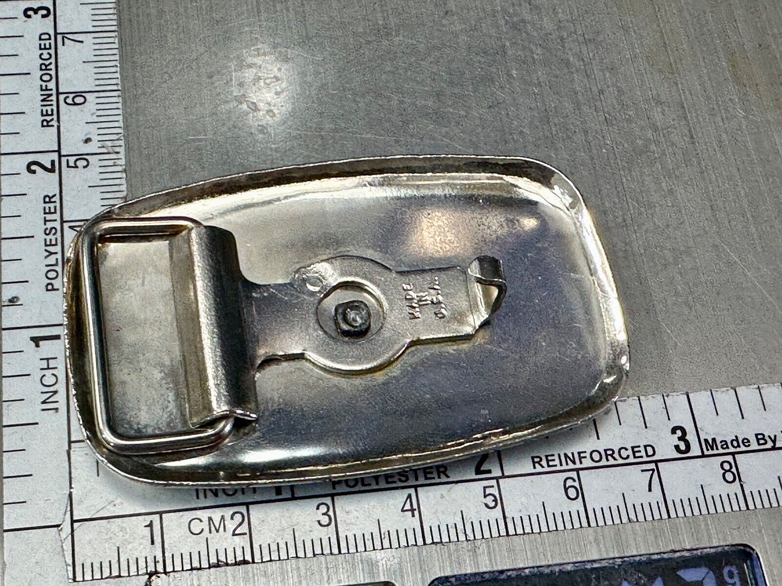 70s Covered Wagon two tone reflective rounded corner USA made belt buckle