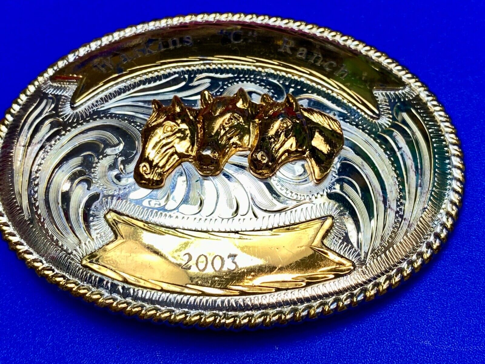Three Horse heads silver tone? western belt buckle from Mexico- engraved ribbon