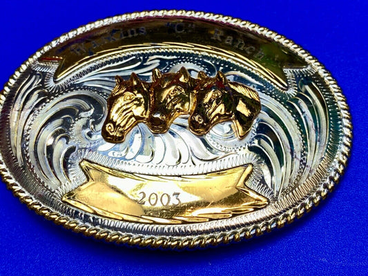Three Horse heads silver tone? western belt buckle from Mexico- engraved ribbon
