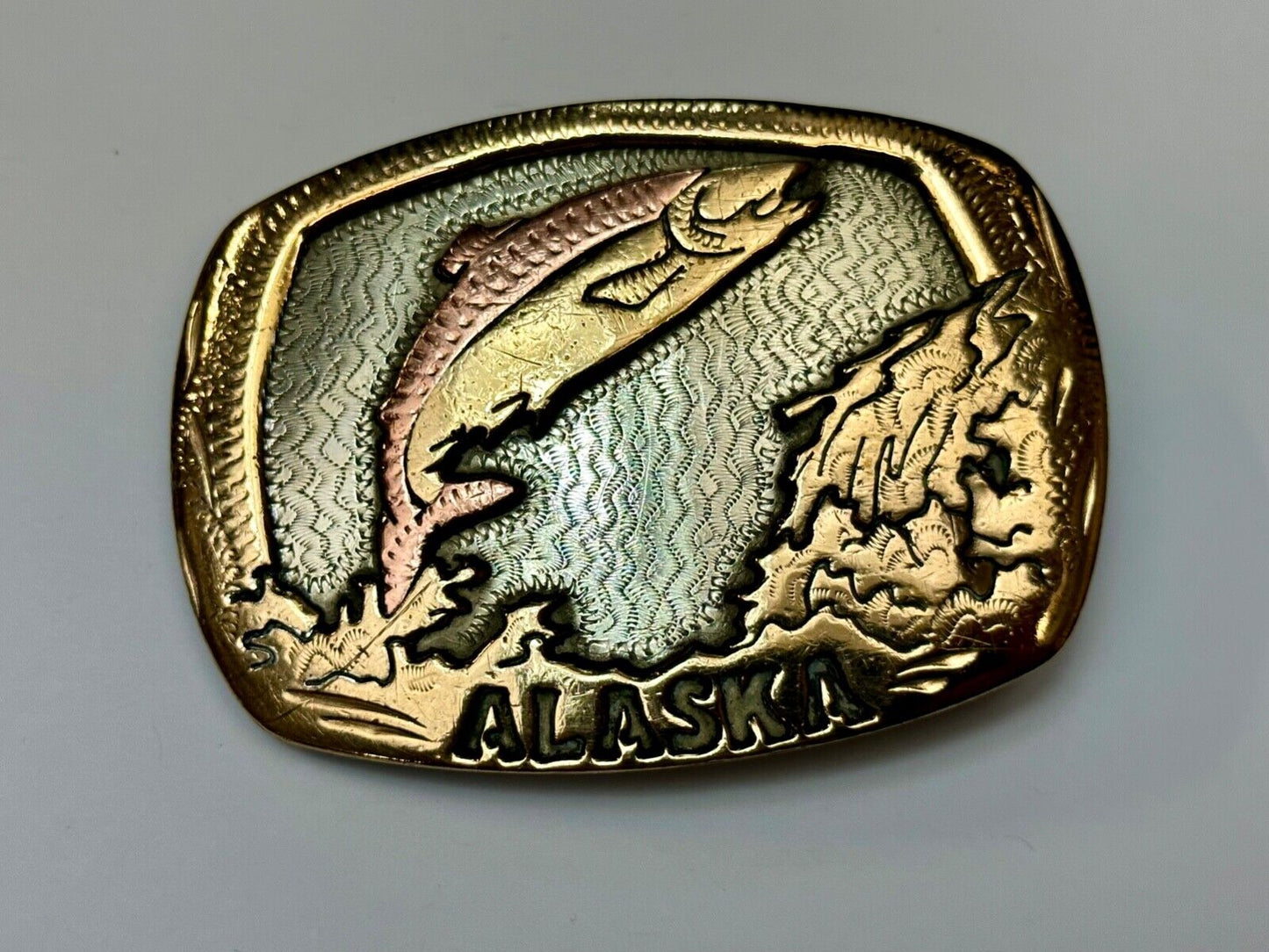 Vintage  Alaska Fish Trout western two tone belt buckle Handcrafted in the USA