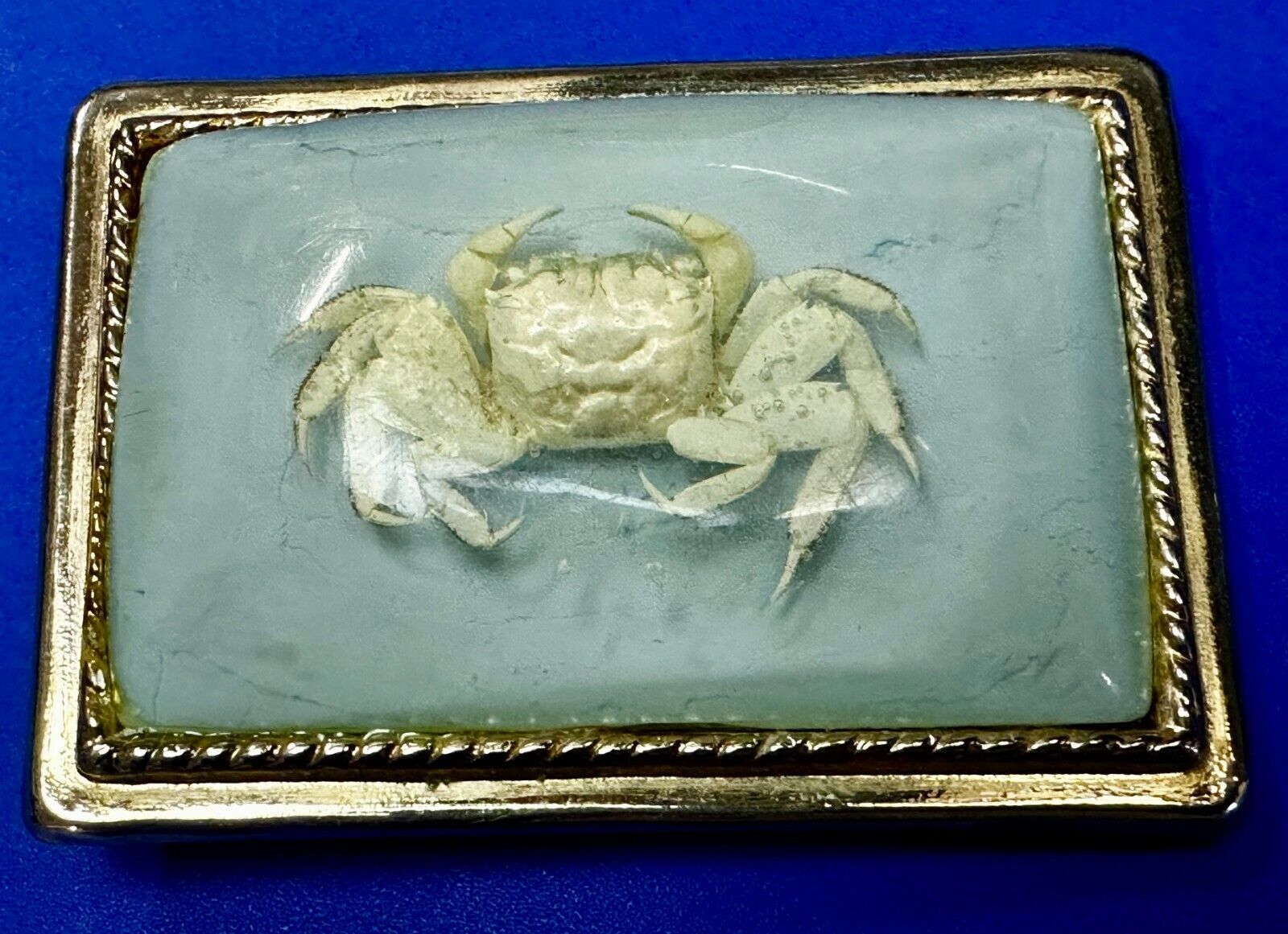 White Fiddler Crab Encased in Clear Enamel Vintage Gold tone Belt Buckle