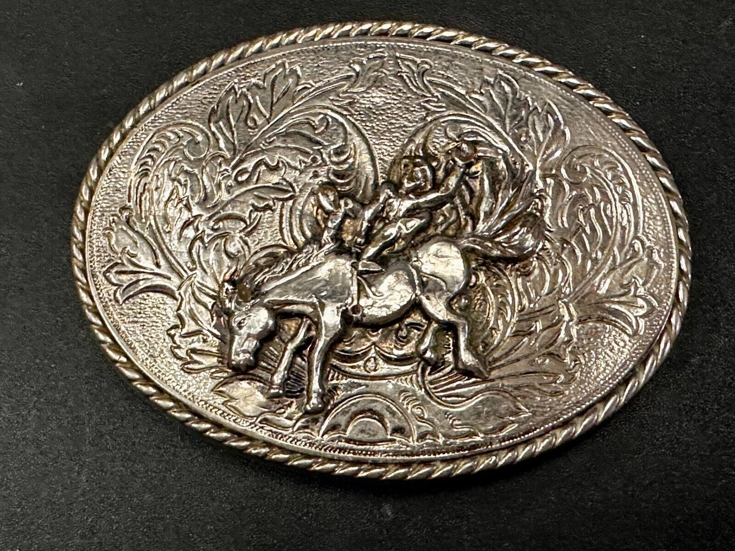 Taming the Wild Western Horse Vintage silver tone oval Belt Buckle 
