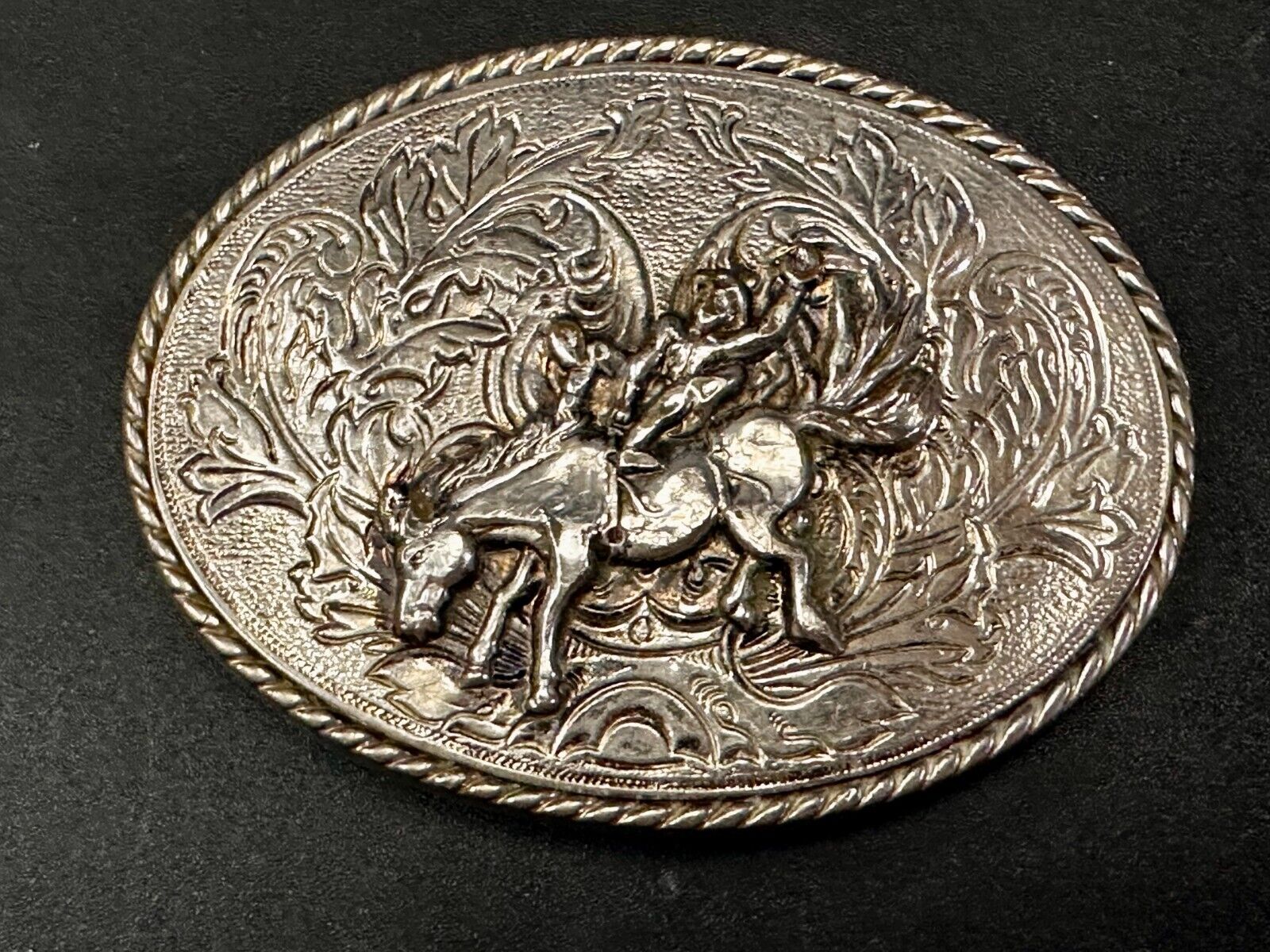 Taming the Wild Western Horse Vintage silver tone oval Belt Buckle 