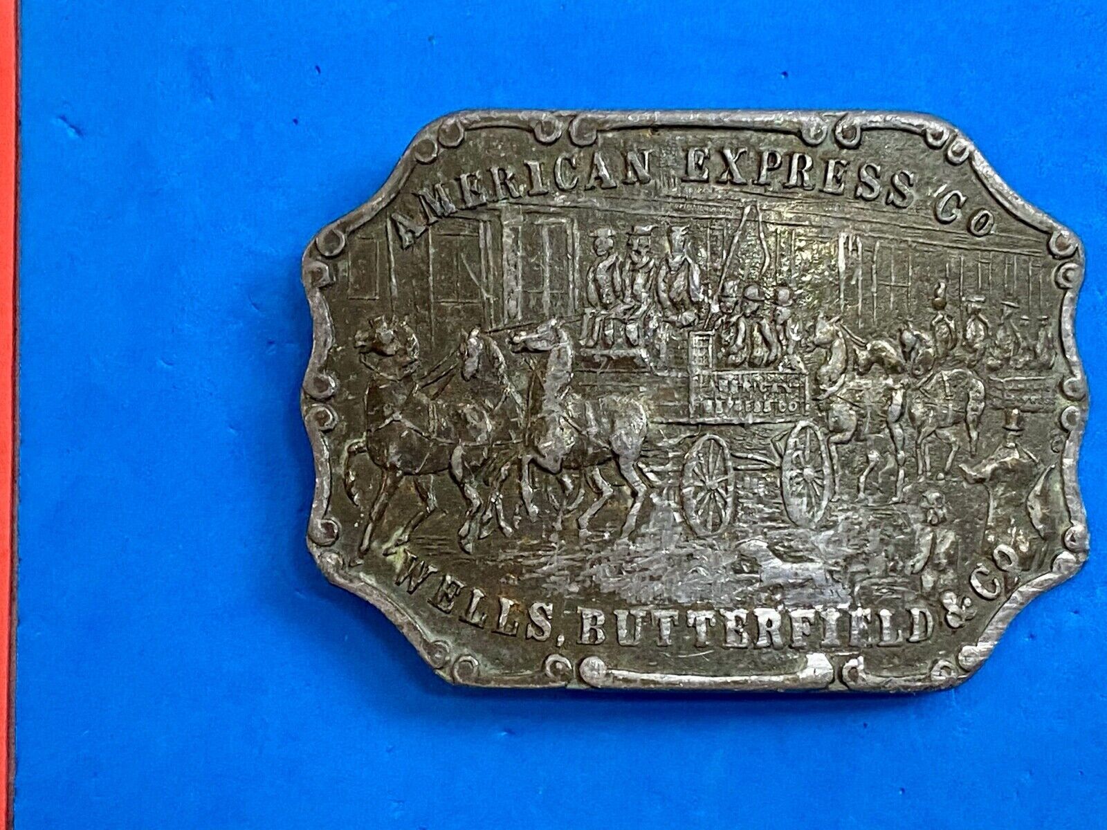 vintage american express wells butterfield belt buckle horses buggy - signed 