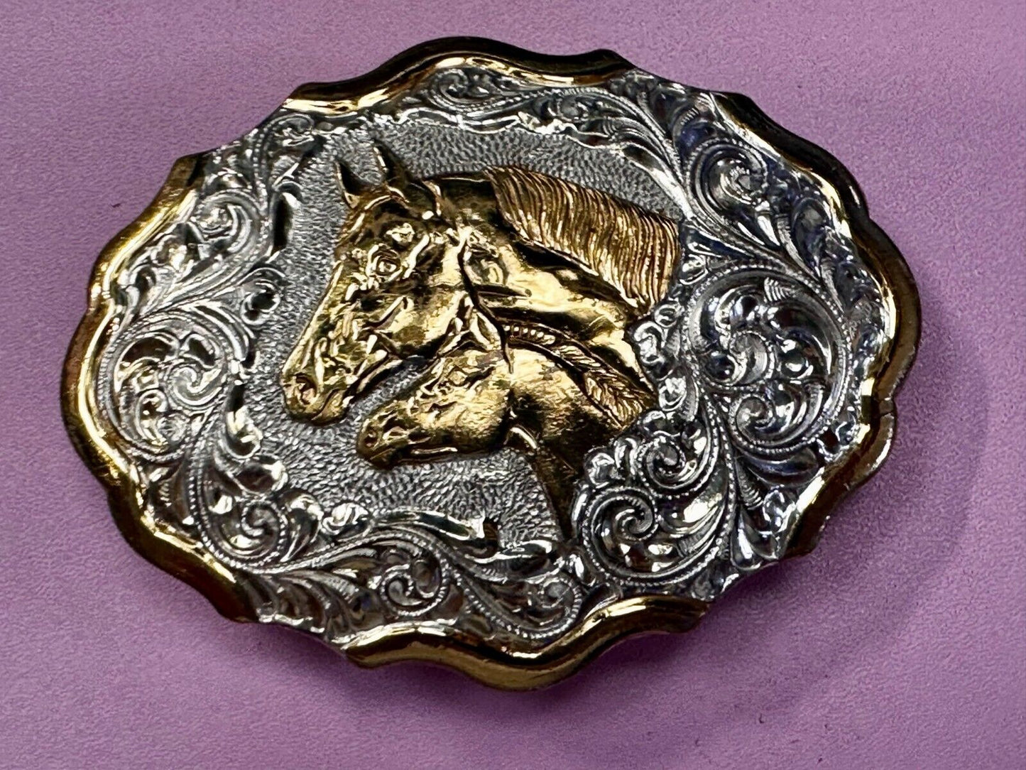 Two Horse Heads Beautiful  Ornate Rodeo Cowboy Two Tone Belt Buckle by Crumrine