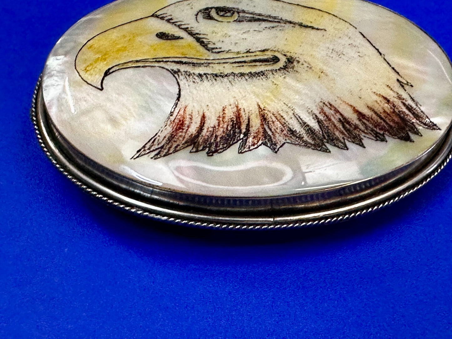 American Bald Eagle Handmade On Mother Of Pearl Shell Belt Buckle - Hallmarked M