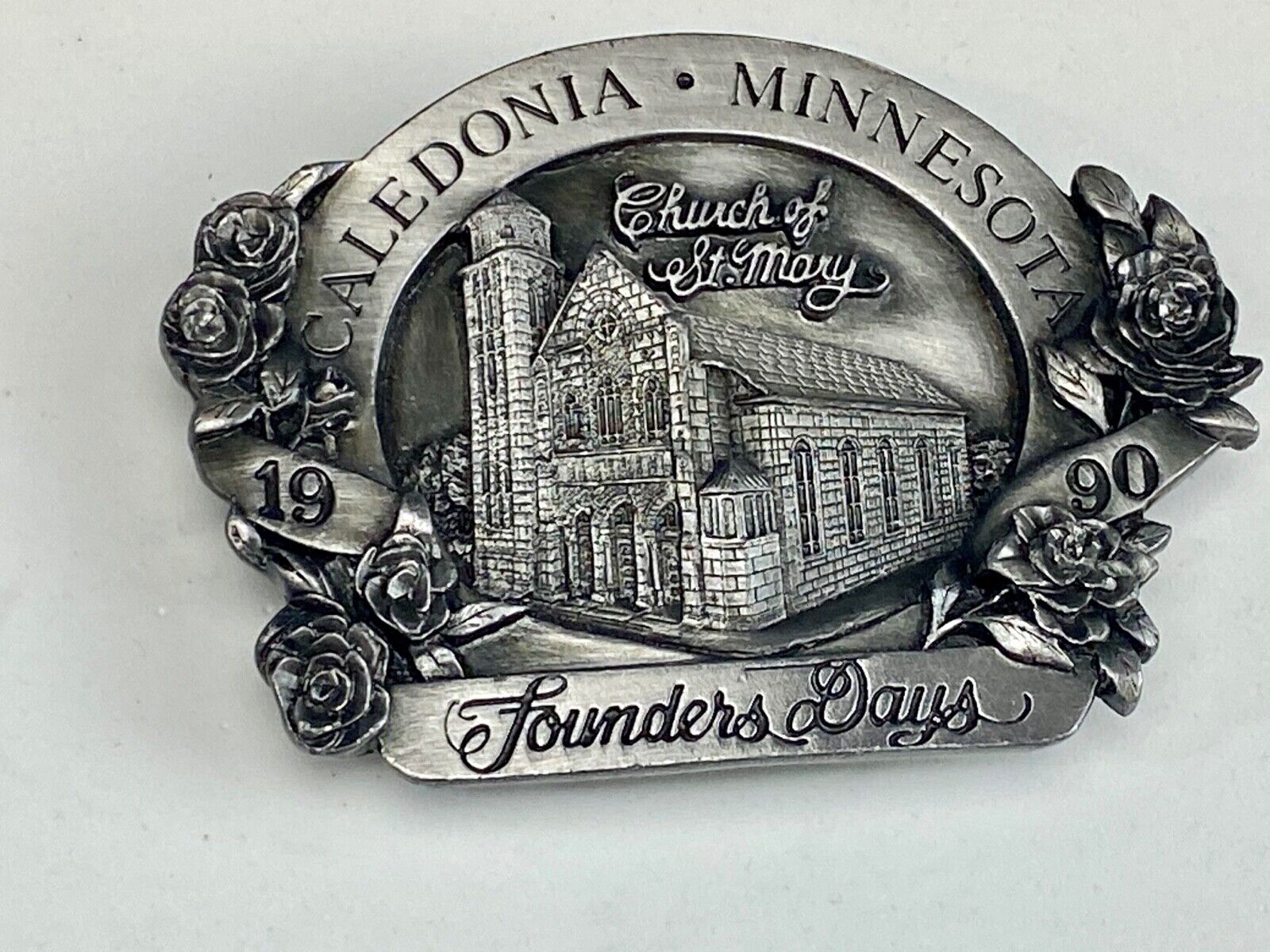 Vintage 1990 - Founder’s Days Caledonia MN belt buckle -  Church of St Mary 