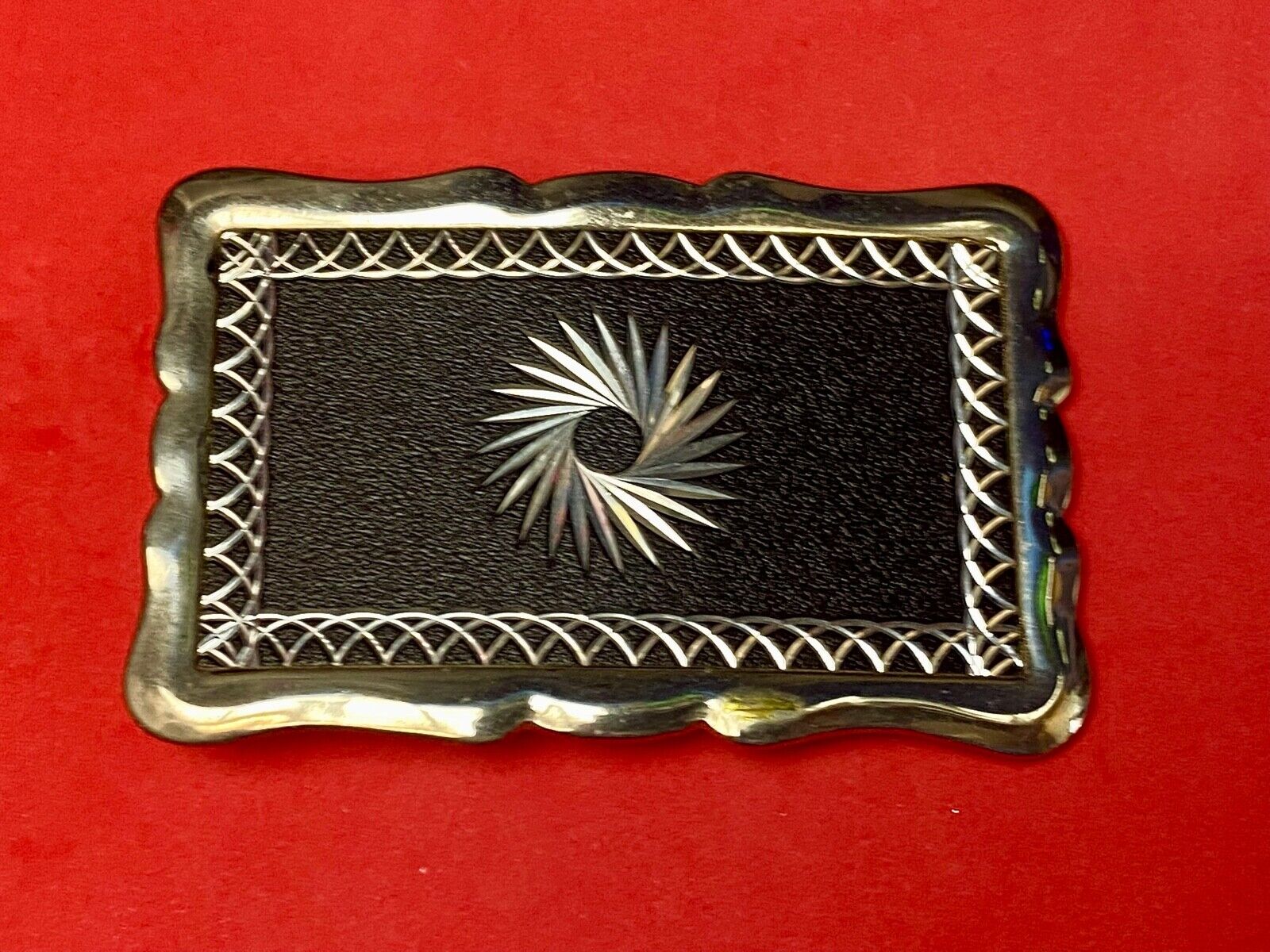 Vintage Etched Star Swirl Burst Pattern Western Black  & Silver  Belt Buckle 