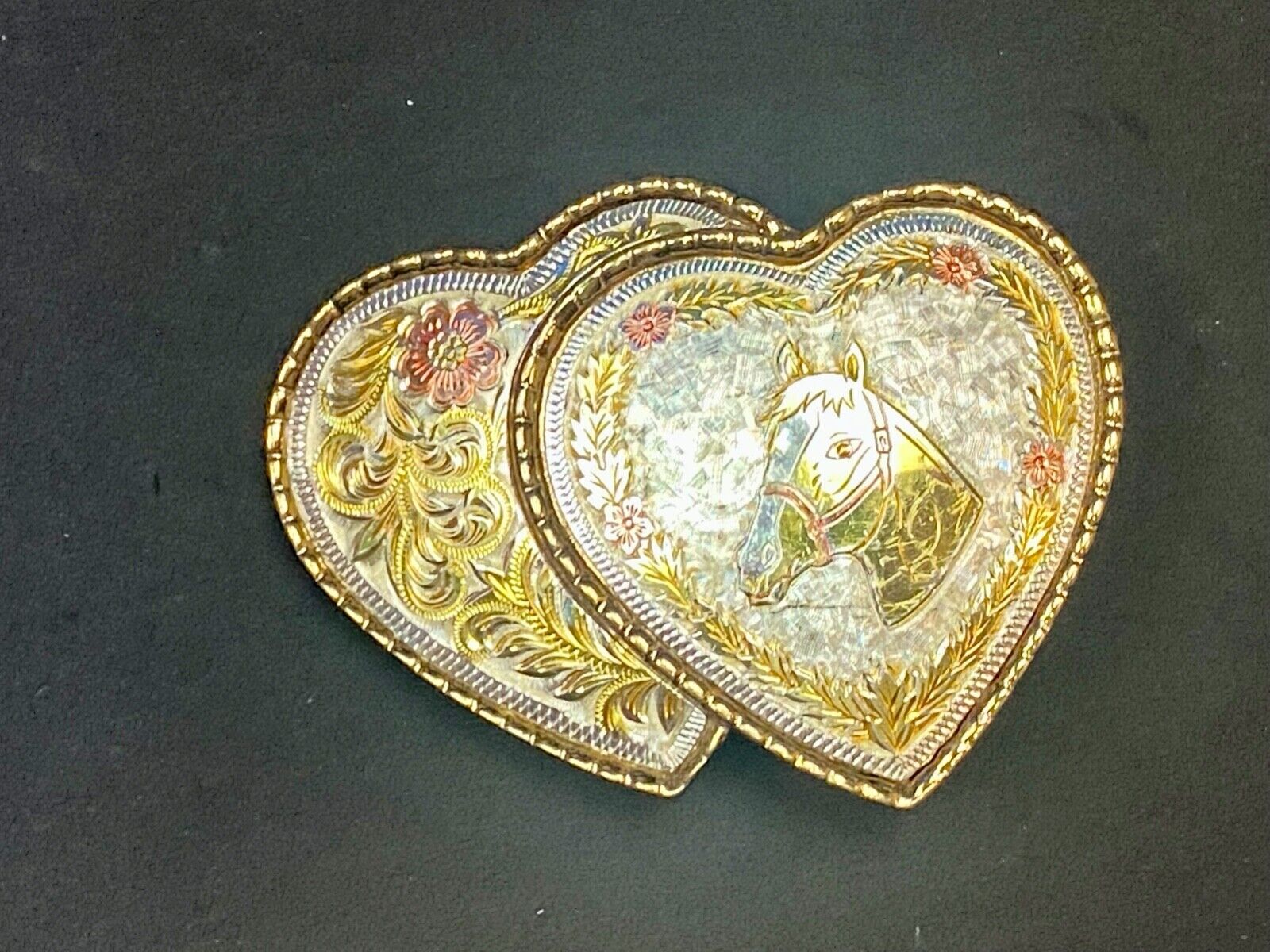 Two Hearts - Horse Head & Ornate Flower Swirl Cut Out Etched Belt Buckle - W