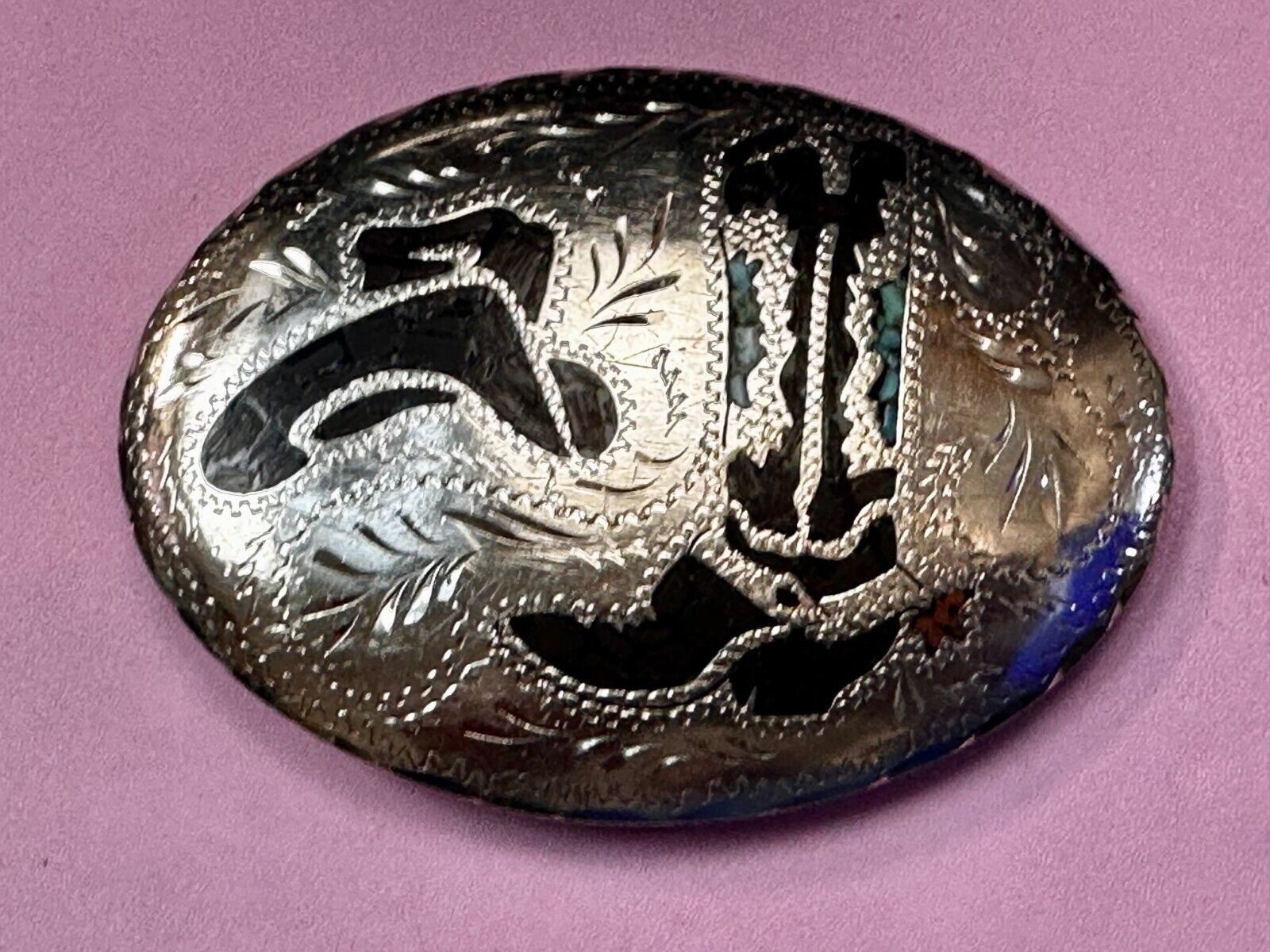 Turquoise & Coral Inlay Western Cowboy Hat Boots Large Native? Art Belt Buckle