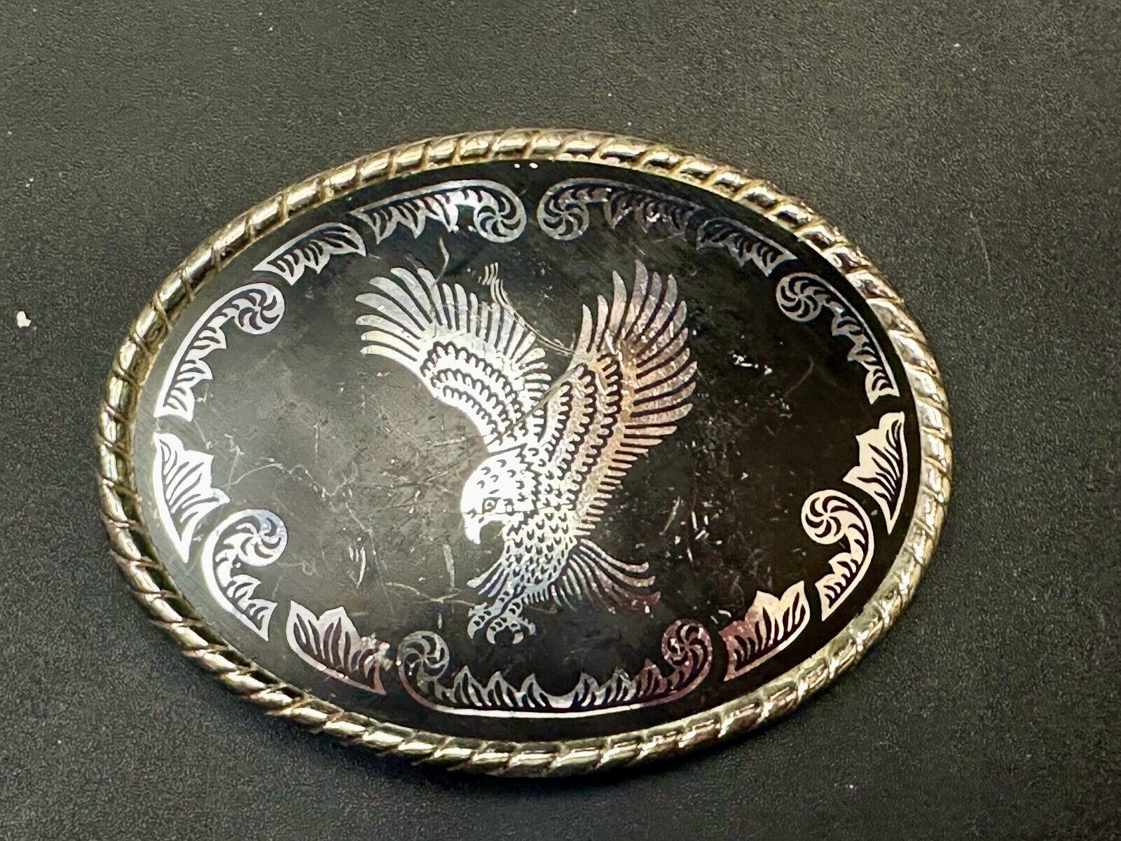 American Eagle black & silver tone Mixed metal vintage belt buckle marked W