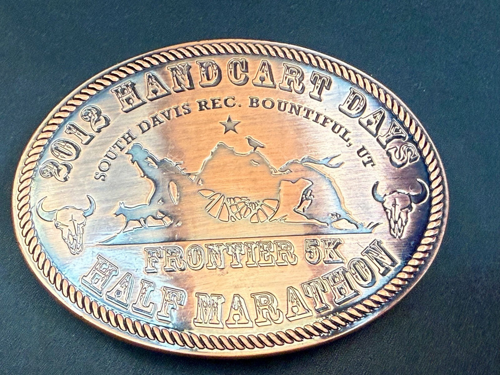 2012 Handcart Days Frontier 5K Half Marathon South Davis Utah Belt Buckle