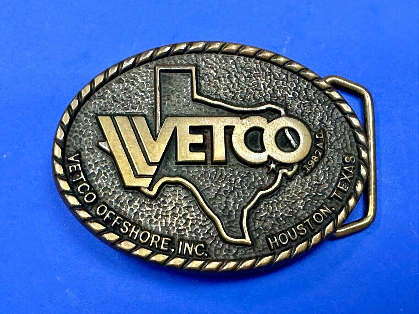 VETCO Houston Texas OffShore Inc animal health Vintage solid brass belt buckle