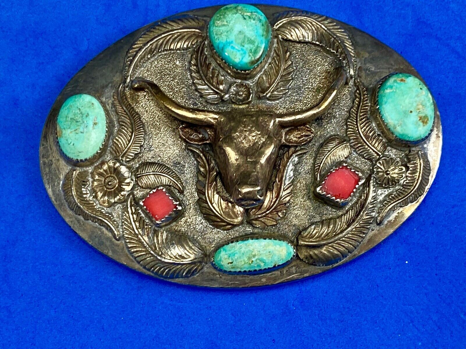 Turquoise & Coral Longhorn Western Belt Buckle By D.K.S. Dieter K.Stiglitz 