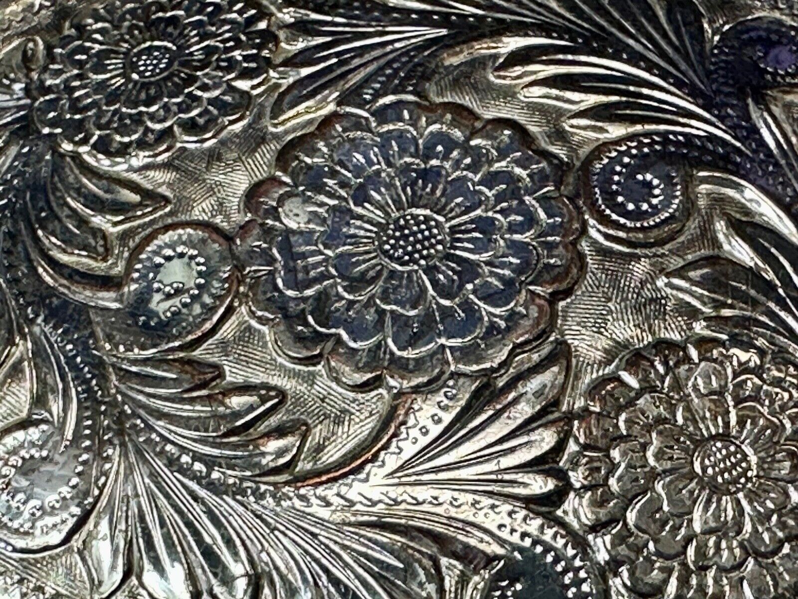 vintage flower leaf design western etched belt buckle marked W
