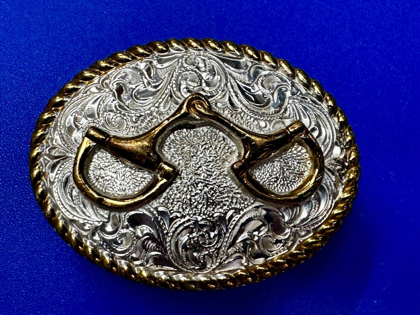 Vintage Crumrine 2" Wide Small Two tone Belt Buckle Engraved Swirl Design