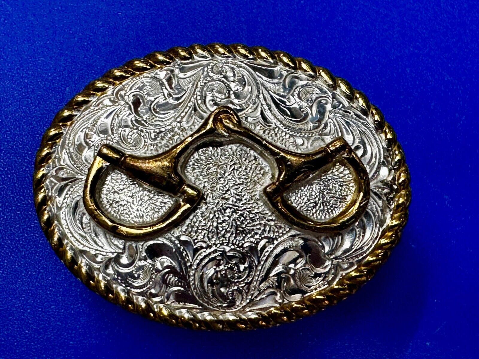 Vintage Crumrine 2" Wide Small Two tone Belt Buckle Engraved Swirl Design